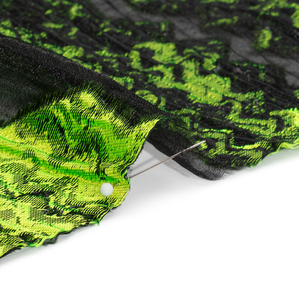 Metallic Black and Lime Green Drifting Rifts Crinkled Luxury Burnout Brocade - Detail Metallic Black and Lime Green Drifting Rifts Crinkled Luxury Burnout Brocade - Detail