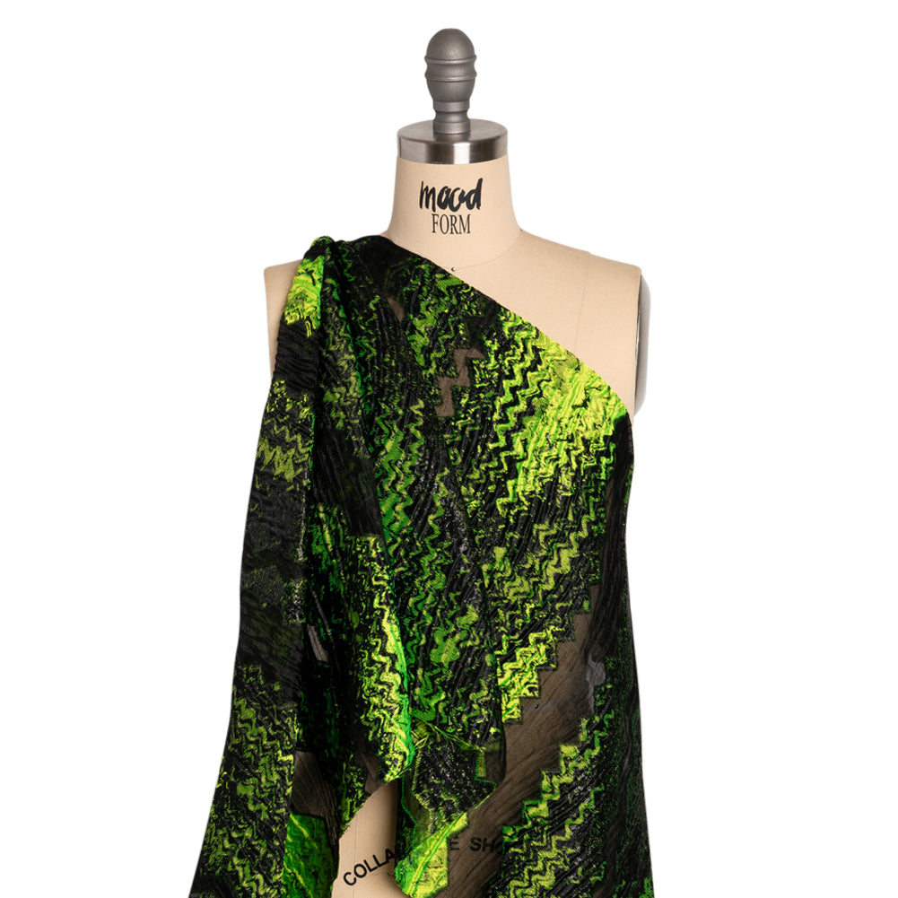 Metallic Black and Lime Green Drifting Rifts Crinkled Luxury Burnout Brocade - Drape Metallic Black and Lime Green Drifting Rifts Crinkled Luxury Burnout Brocade - Drape