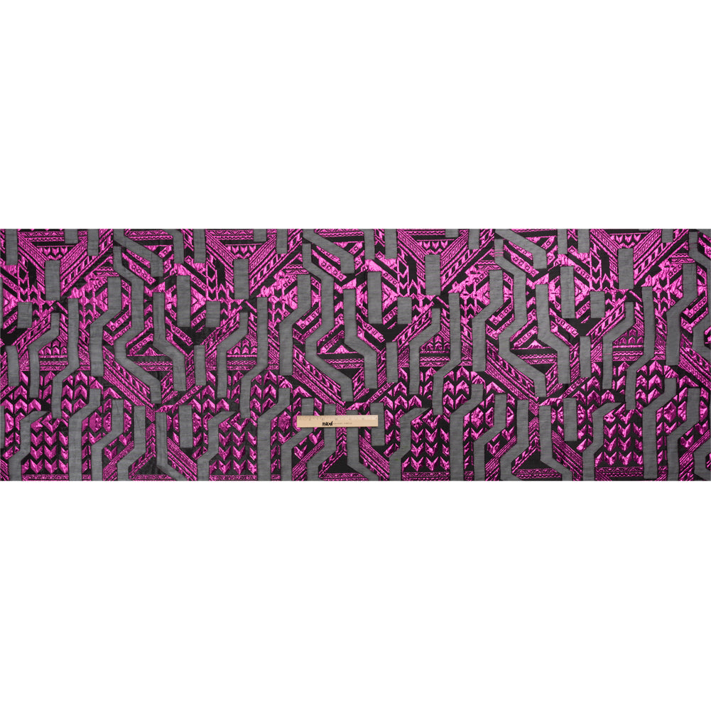 Metallic Fuchsia and Black Geometric Pathways Luxury Burnout Brocade - Full Metallic Fuchsia and Black Geometric Pathways Luxury Burnout Brocade - Full