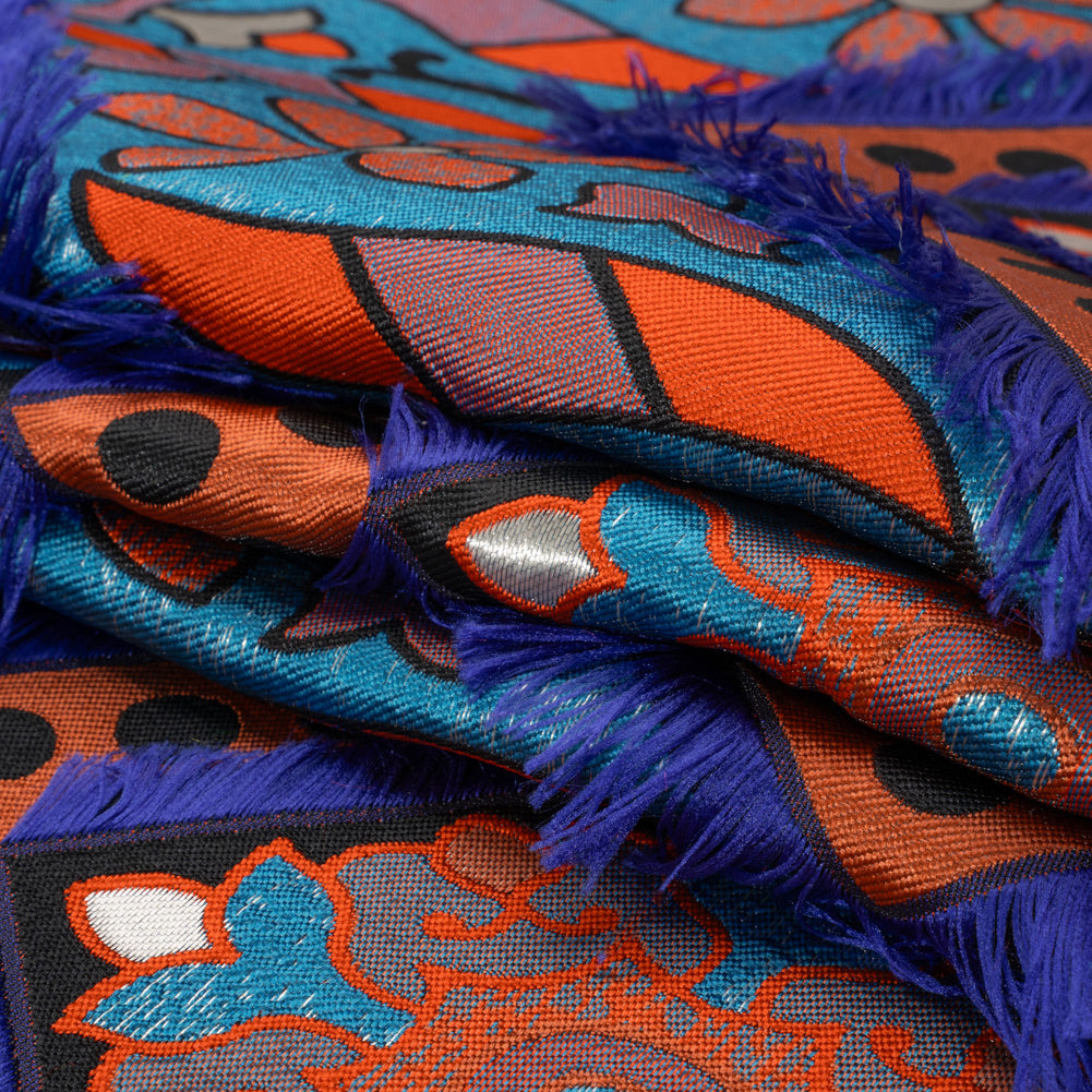 Teal, Orange and Blue Flowers and Fringed Diamonds Metallic Brocade - Folded Teal, Orange and Blue Flowers and Fringed Diamonds Metallic Brocade - Folded