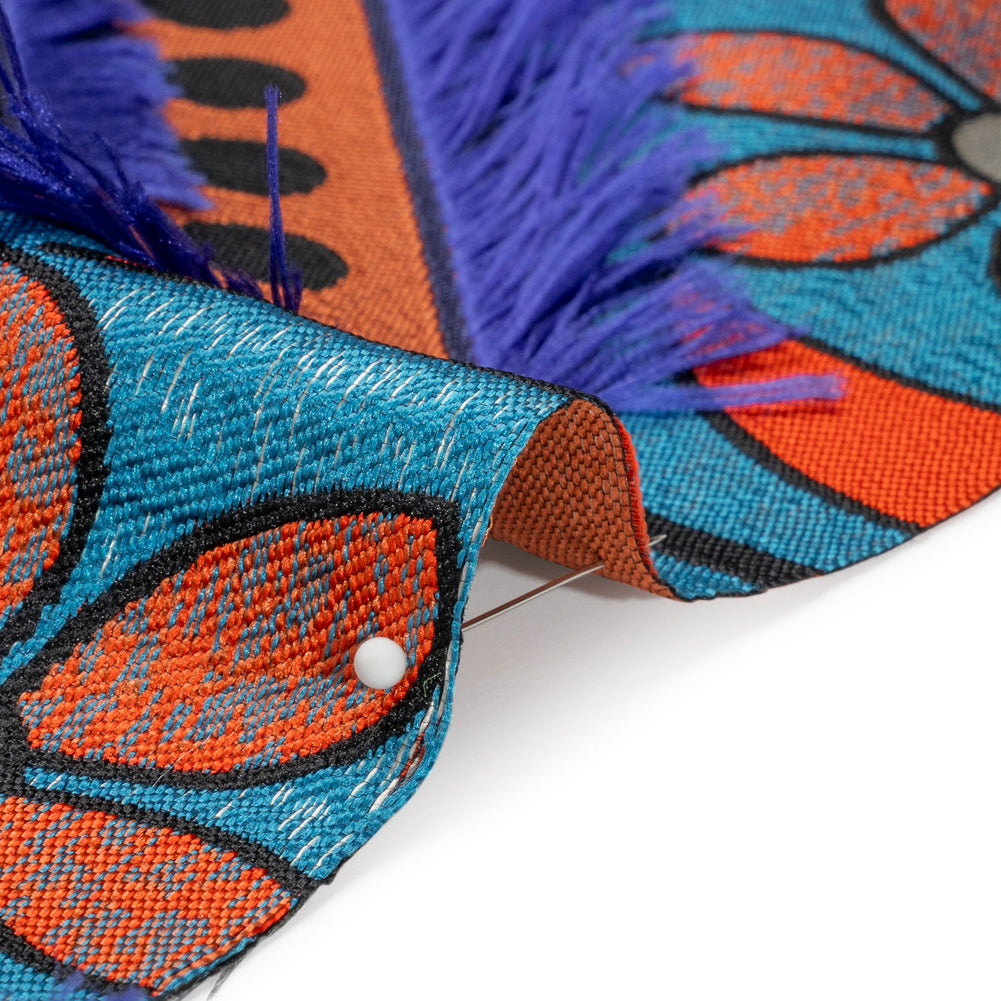 Teal, Orange and Blue Flowers and Fringed Diamonds Metallic Brocade - Detail Teal, Orange and Blue Flowers and Fringed Diamonds Metallic Brocade - Detail