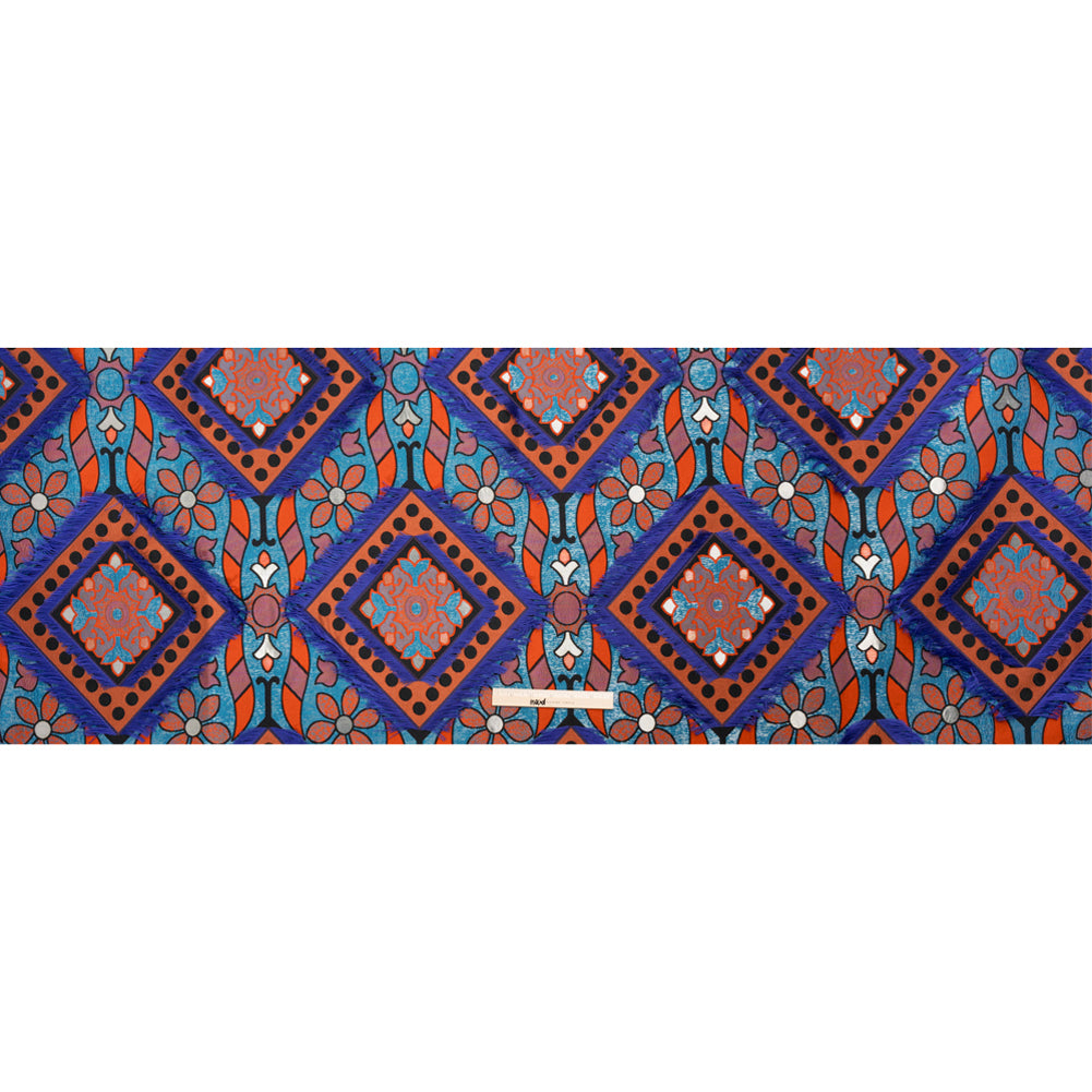 Teal, Orange and Blue Flowers and Fringed Diamonds Metallic Brocade - Full Teal, Orange and Blue Flowers and Fringed Diamonds Metallic Brocade - Full