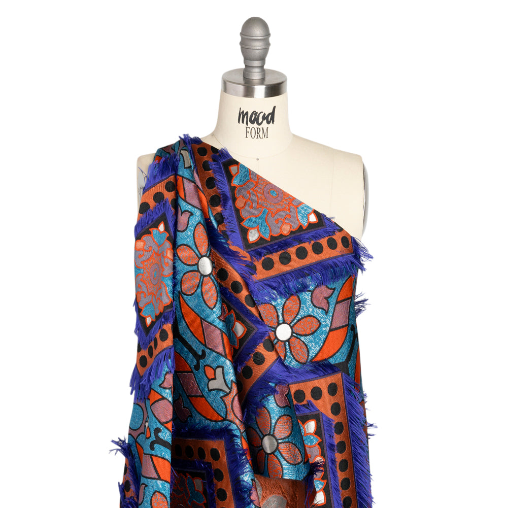 Teal, Orange and Blue Flowers and Fringed Diamonds Metallic Brocade - Drape Teal, Orange and Blue Flowers and Fringed Diamonds Metallic Brocade - Drape