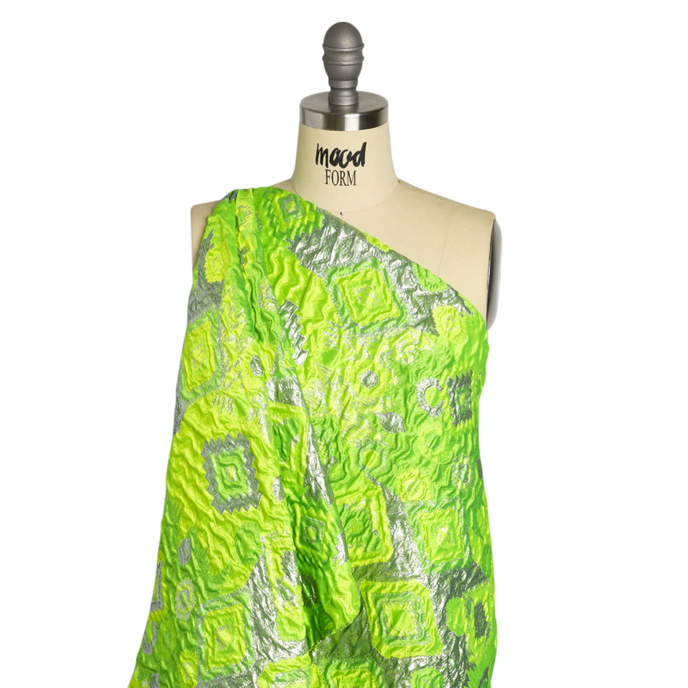 Metallic Silver and Lime Green Diamond Skies Luxury Brocade - Drape Metallic Silver and Lime Green Diamond Skies Luxury Brocade - Drape