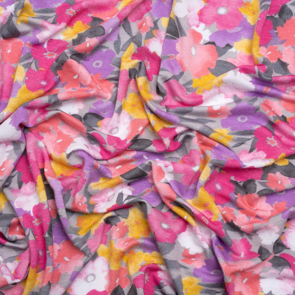 Stretch Rayon Jersey - Pink, Purple and Yellow Floral Stretch Rayon Jersey - Pink, Purple and Yellow Floral