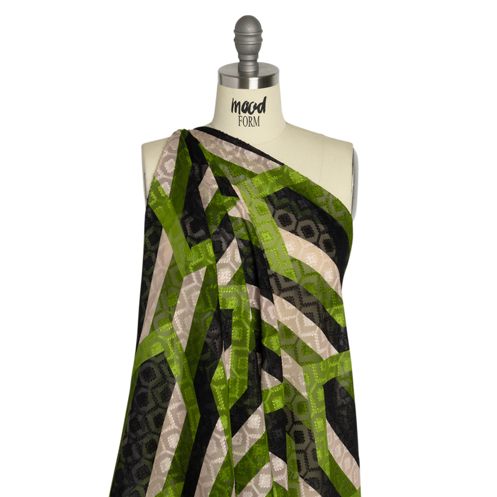 Geometric Burnout Polyester Woven Print - Green Hexagon Stripes - Mood Exclusive Archers Cay Detail Geometric Burnout Polyester Woven Print - Green Hexagon Stripes - Mood Exclusive Archers Cay Detail