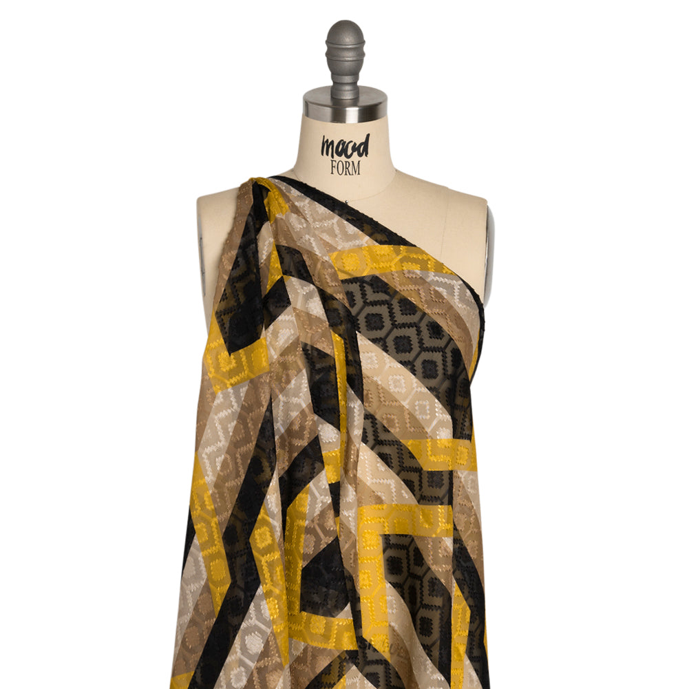 Geometric Burnout Polyester Woven Print - Yellow Hexagon Stripes - Mood Exclusive Archers Cay Detail Geometric Burnout Polyester Woven Print - Yellow Hexagon Stripes - Mood Exclusive Archers Cay Detail