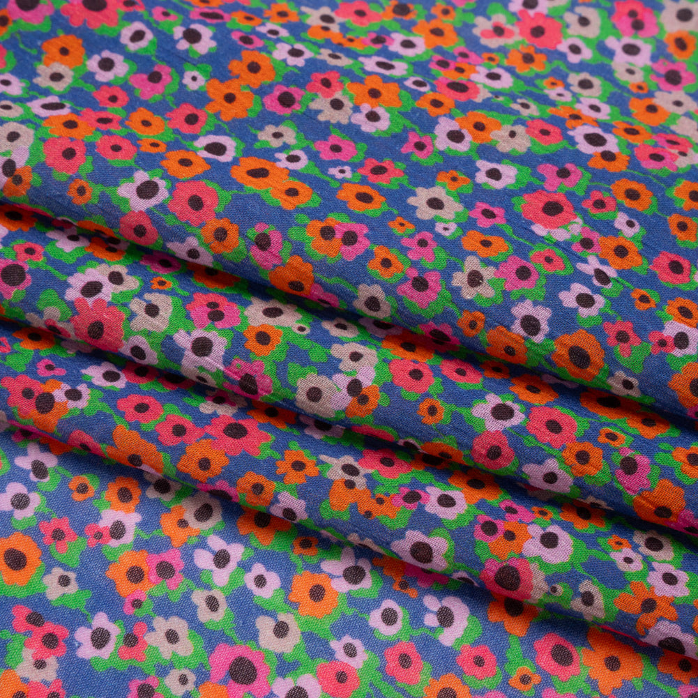 Crinkled Cotton Gauzy Woven Print - Hot Pink, Orange and Blue Floral - Mood Exclusive Bed of Begonias Folded Crinkled Cotton Gauzy Woven Print - Hot Pink, Orange and Blue Floral - Mood Exclusive Bed of Begonias Folded