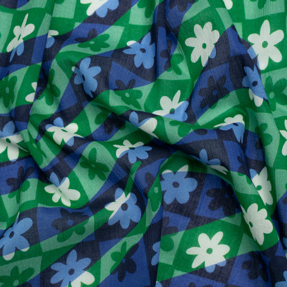 Crinkled Cotton Gauzy Woven Print - Green and Blue Flowers and Swirls on Checks - Mood Exclusive Gardener's Game Crinkled Cotton Gauzy Woven Print - Green and Blue Flowers and Swirls on Checks - Mood Exclusive Gardener's Game