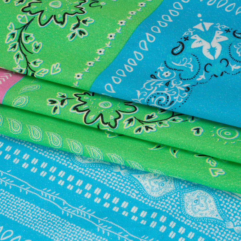 Metallic Viscose Woven Panel - Blue, Green and Pink Bandana Paisley Patchwork - Mood Exclusive Bandana Believer Folded Metallic Viscose Woven Panel - Blue, Green and Pink Bandana Paisley Patchwork - Mood Exclusive Bandana Believer Folded