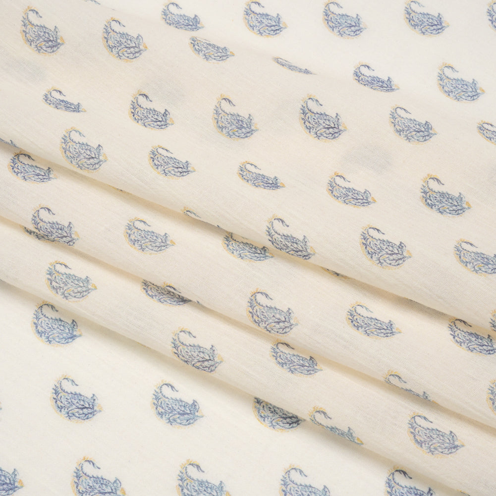 Crinkled Cotton Gauzy Woven Print - Cream and Blue Paisley - Mood Exclusive Bit of Bloom Folded Crinkled Cotton Gauzy Woven Print - Cream and Blue Paisley - Mood Exclusive Bit of Bloom Folded