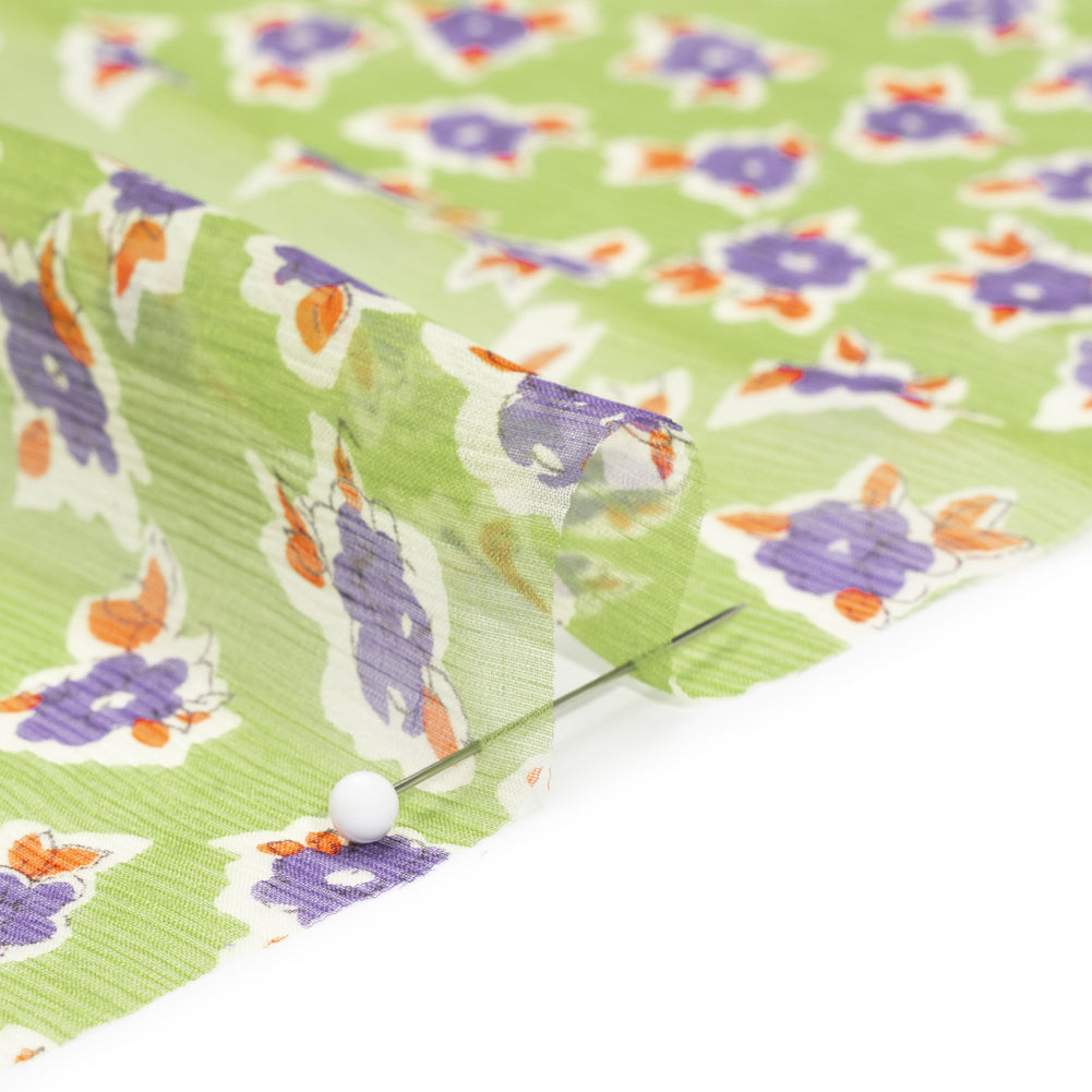 Green, Purple and Orange Little Flowers Crinkled Silk Chiffon Folded Green, Purple and Orange Little Flowers Crinkled Silk Chiffon Folded