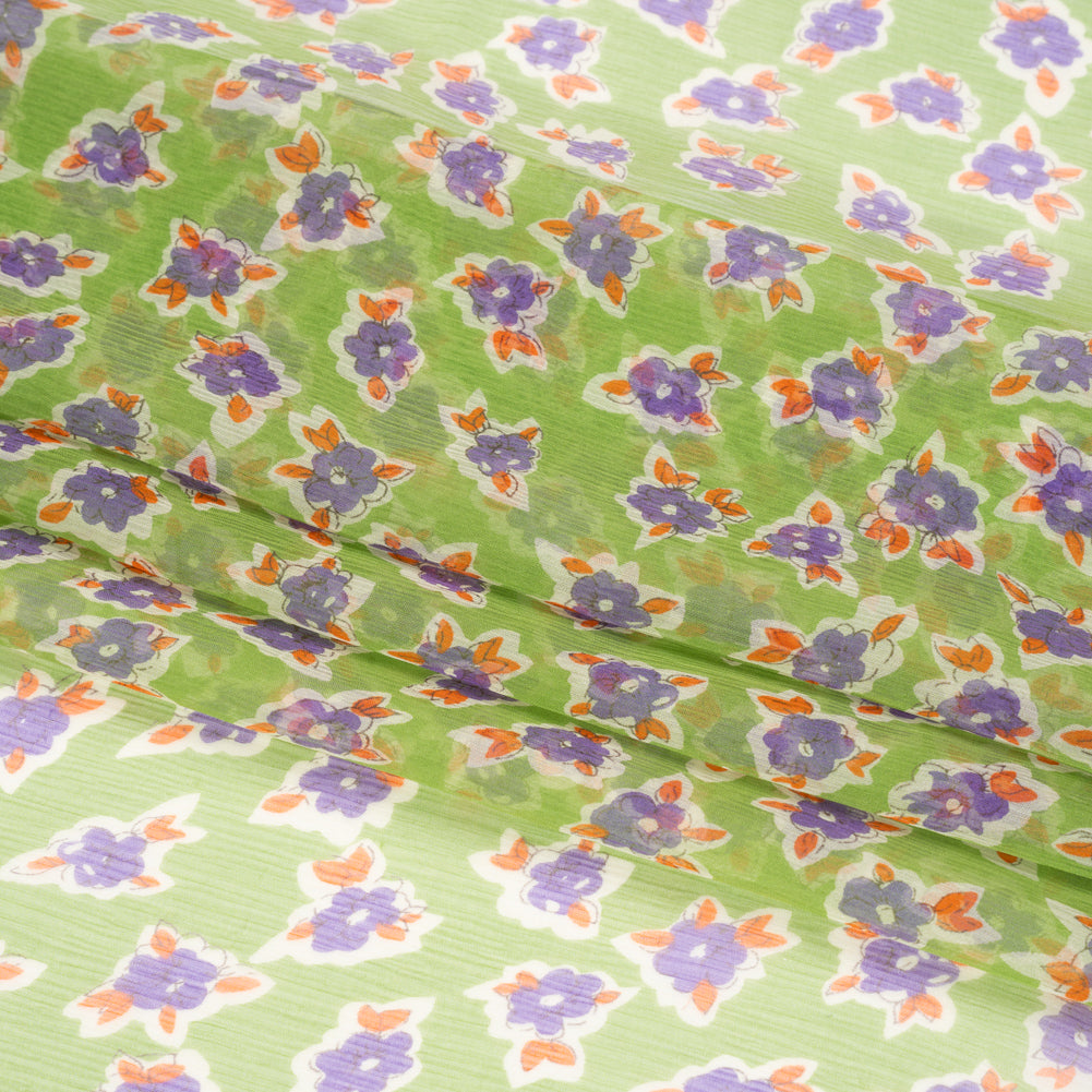 Green, Purple and Orange Little Flowers Crinkled Silk Chiffon Full Green, Purple and Orange Little Flowers Crinkled Silk Chiffon Full