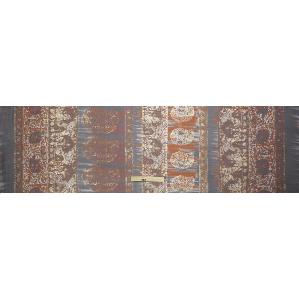 Brown, Rust and Black Decorated Stripes Crinkled Silk Chiffon Drape Brown, Rust and Black Decorated Stripes Crinkled Silk Chiffon Drape