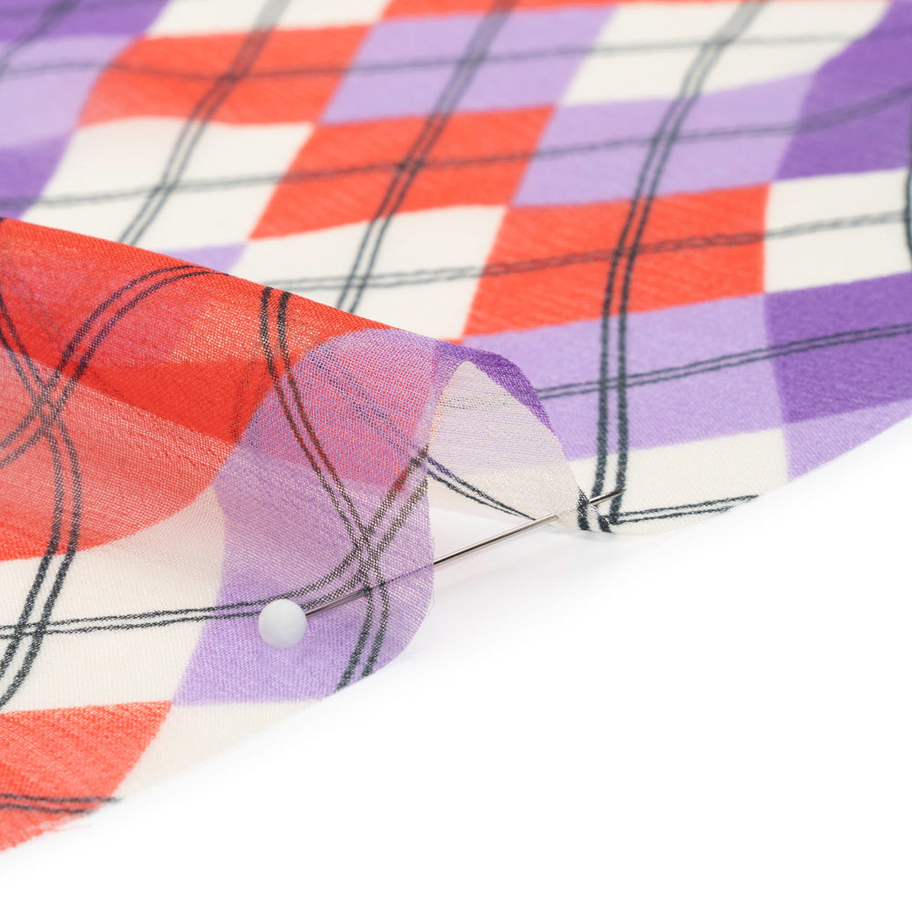 Purple, Red and Cream Argyle Crinkled Silk Chiffon Folded Purple, Red and Cream Argyle Crinkled Silk Chiffon Folded