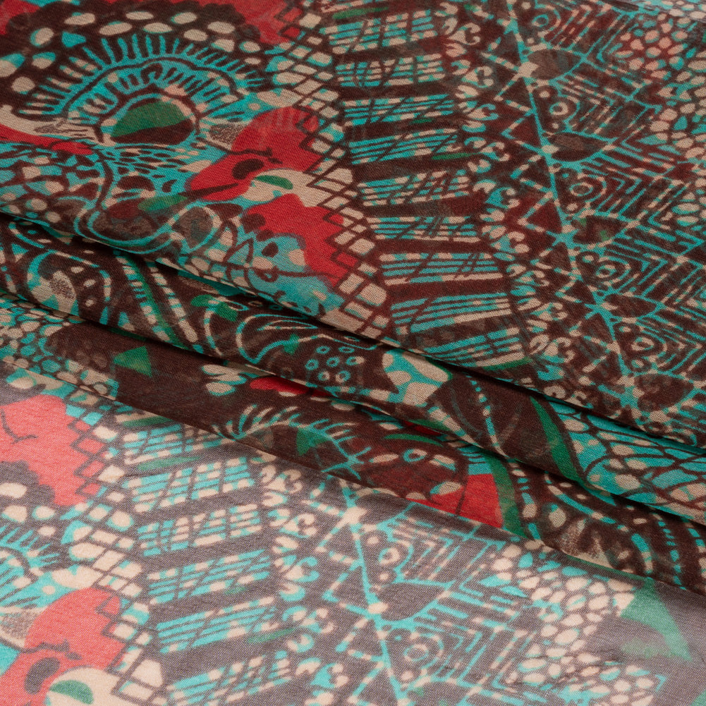 Chocolate, Berry and Turquoise Floral and Geometric Diagonal Stripes Silk Chiffon Full Chocolate, Berry and Turquoise Floral and Geometric Diagonal Stripes Silk Chiffon Full