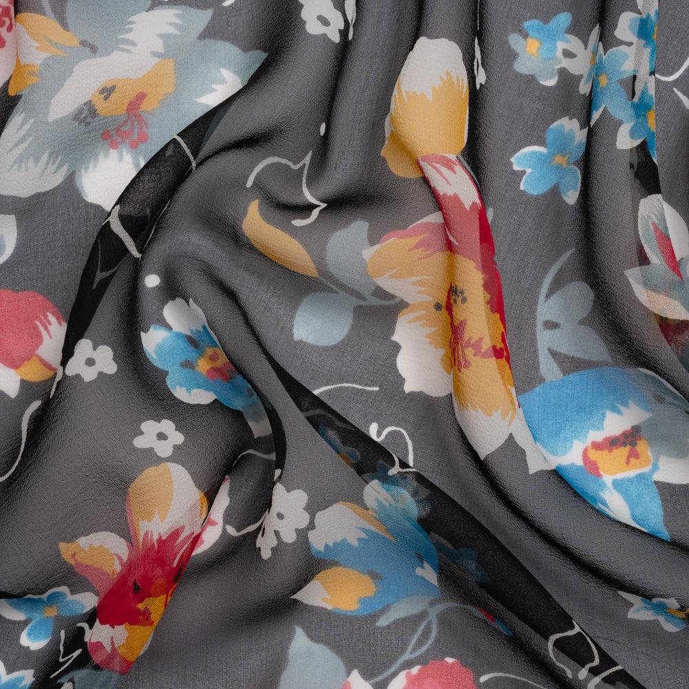Black, Red and Blue Floral Silk Chiffon Black, Red and Blue Floral Silk Chiffon