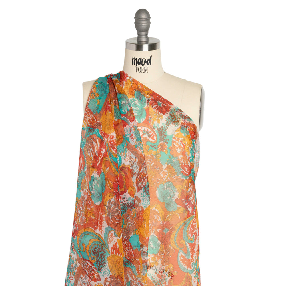 Turquoise, Peach and Orange Ornamental Gardens Crinkled Silk Chiffon Detail Turquoise, Peach and Orange Ornamental Gardens Crinkled Silk Chiffon Detail