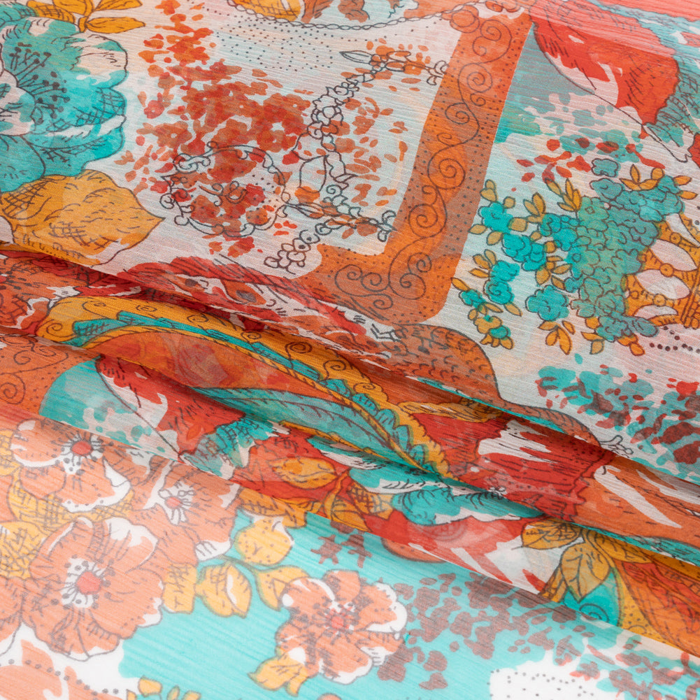 Turquoise, Peach and Orange Ornamental Gardens Crinkled Silk Chiffon Full Turquoise, Peach and Orange Ornamental Gardens Crinkled Silk Chiffon Full