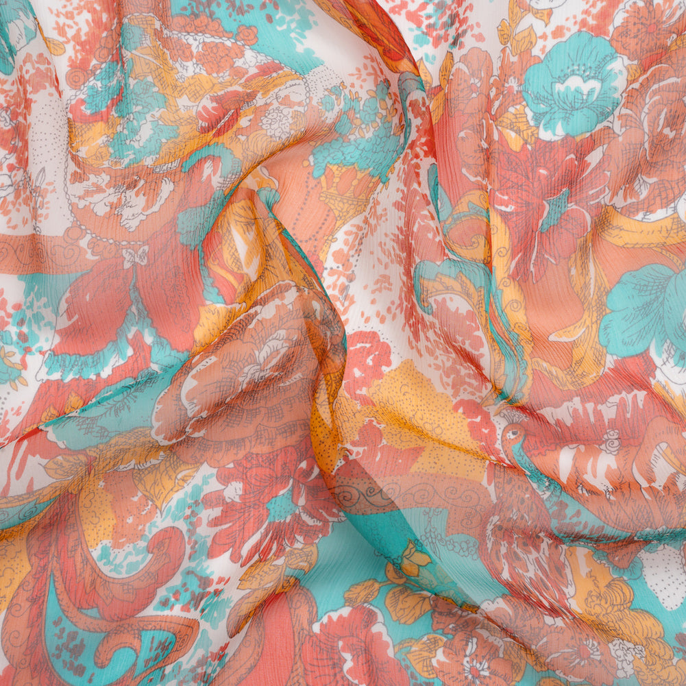 Turquoise, Peach and Orange Ornamental Gardens Crinkled Silk Chiffon Turquoise, Peach and Orange Ornamental Gardens Crinkled Silk Chiffon