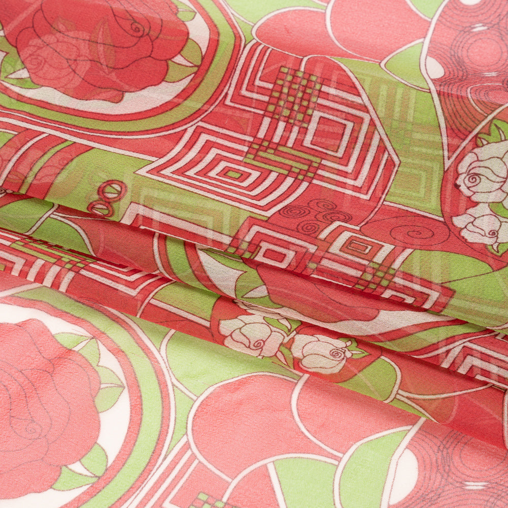 Red and Lime Geometry and Roses Silk Chiffon Full Red and Lime Geometry and Roses Silk Chiffon Full