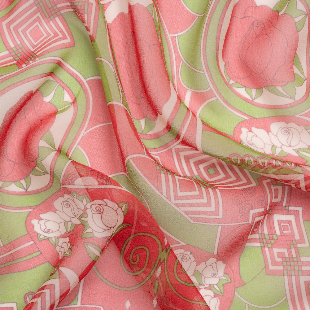 Red and Lime Geometry and Roses Silk Chiffon Red and Lime Geometry and Roses Silk Chiffon