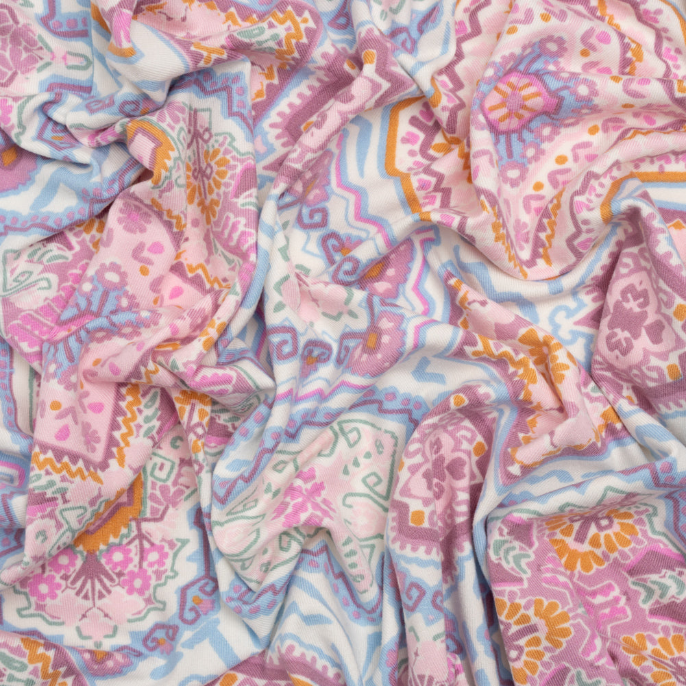 Stretch Polyester Jersey - Pale Pink, Baby Blue, and Golden Yellow Geometric Medallions Stretch Polyester Jersey - Pale Pink, Baby Blue, and Golden Yellow Geometric Medallions