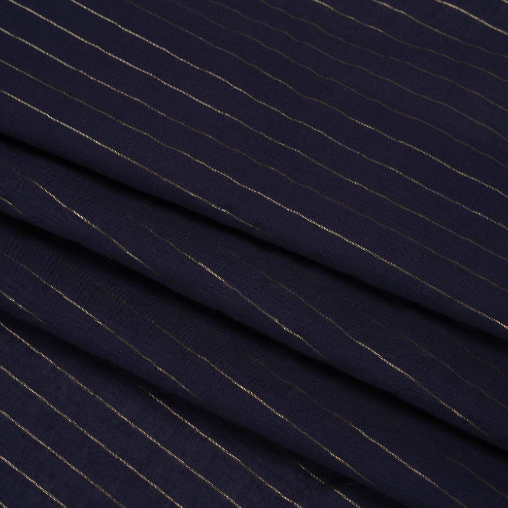Famous Australian Designer Navy Cotton Voile with Metallic Gold Pinstripes Folded Famous Australian Designer Navy Cotton Voile with Metallic Gold Pinstripes Folded