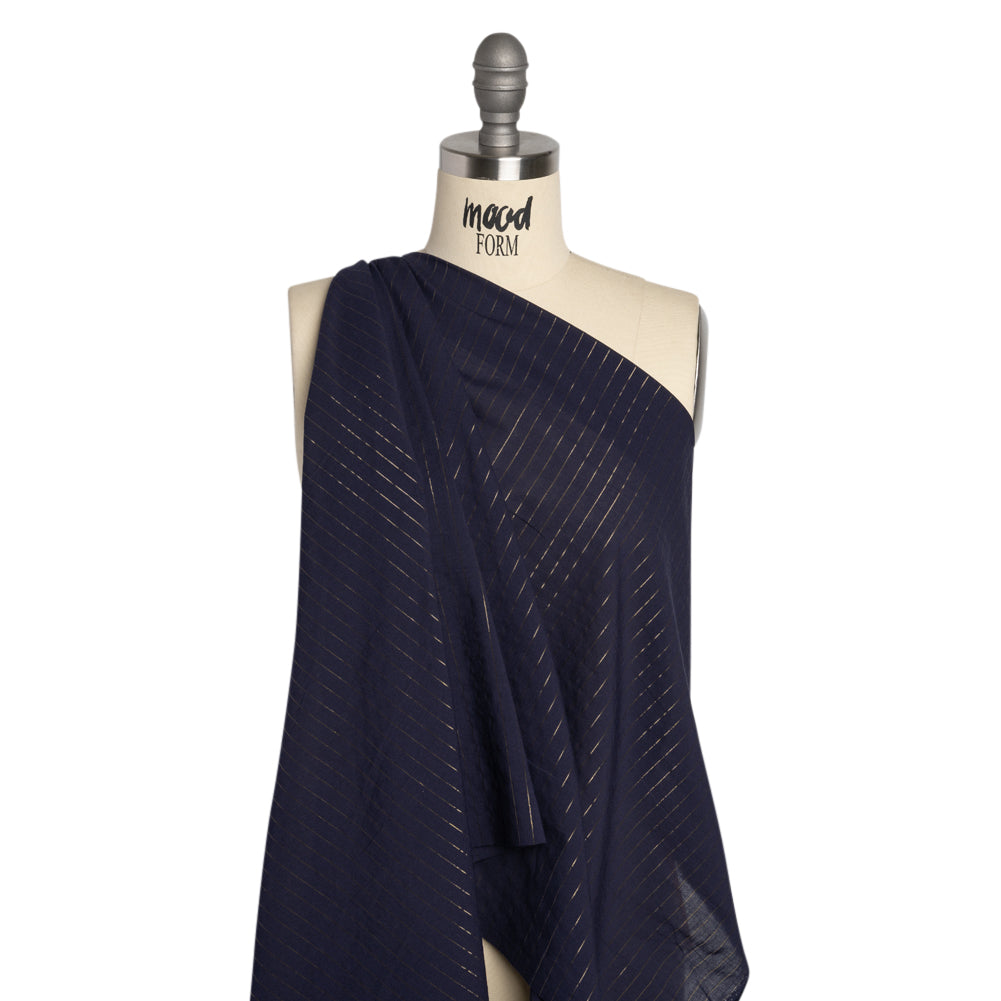 Famous Australian Designer Navy Cotton Voile with Metallic Gold Pinstripes Drape Famous Australian Designer Navy Cotton Voile with Metallic Gold Pinstripes Drape
