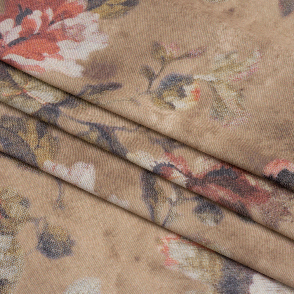 Famous Australian Designer Warm Taupe and Rose Floral Fresco Stretch Polyester Jersey Folded Famous Australian Designer Warm Taupe and Rose Floral Fresco Stretch Polyester Jersey Folded