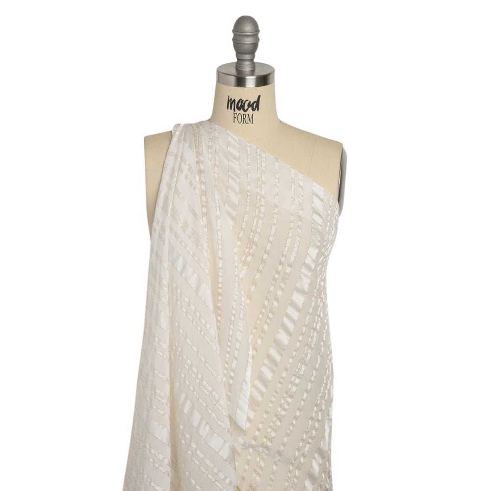 Famous Australian Designer White and Metallic Gold Satin Burnout Stripes Silk Woven Drape Famous Australian Designer White and Metallic Gold Satin Burnout Stripes Silk Woven Drape