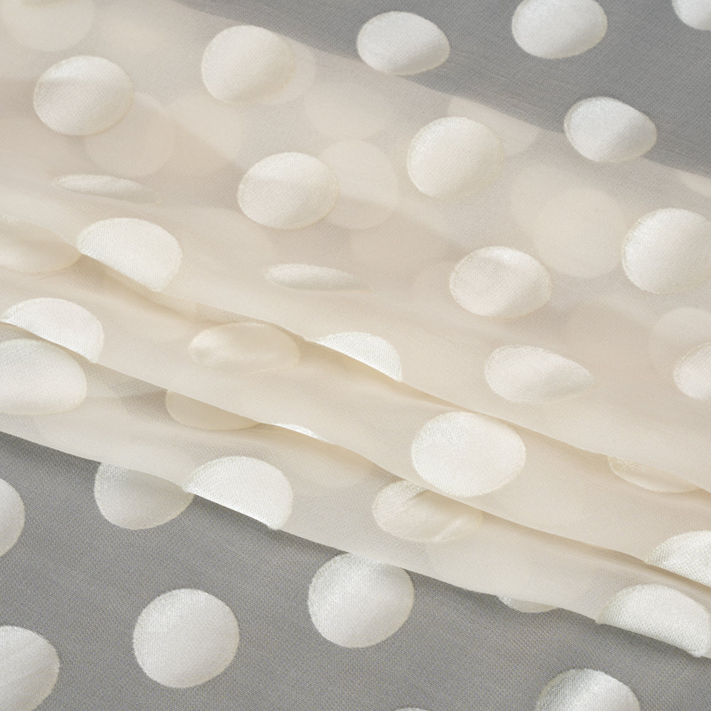 Famous Australian Designer Cream Burnout Satin Polka Dots Silk and Viscose Georgette Folded Famous Australian Designer Cream Burnout Satin Polka Dots Silk and Viscose Georgette Folded