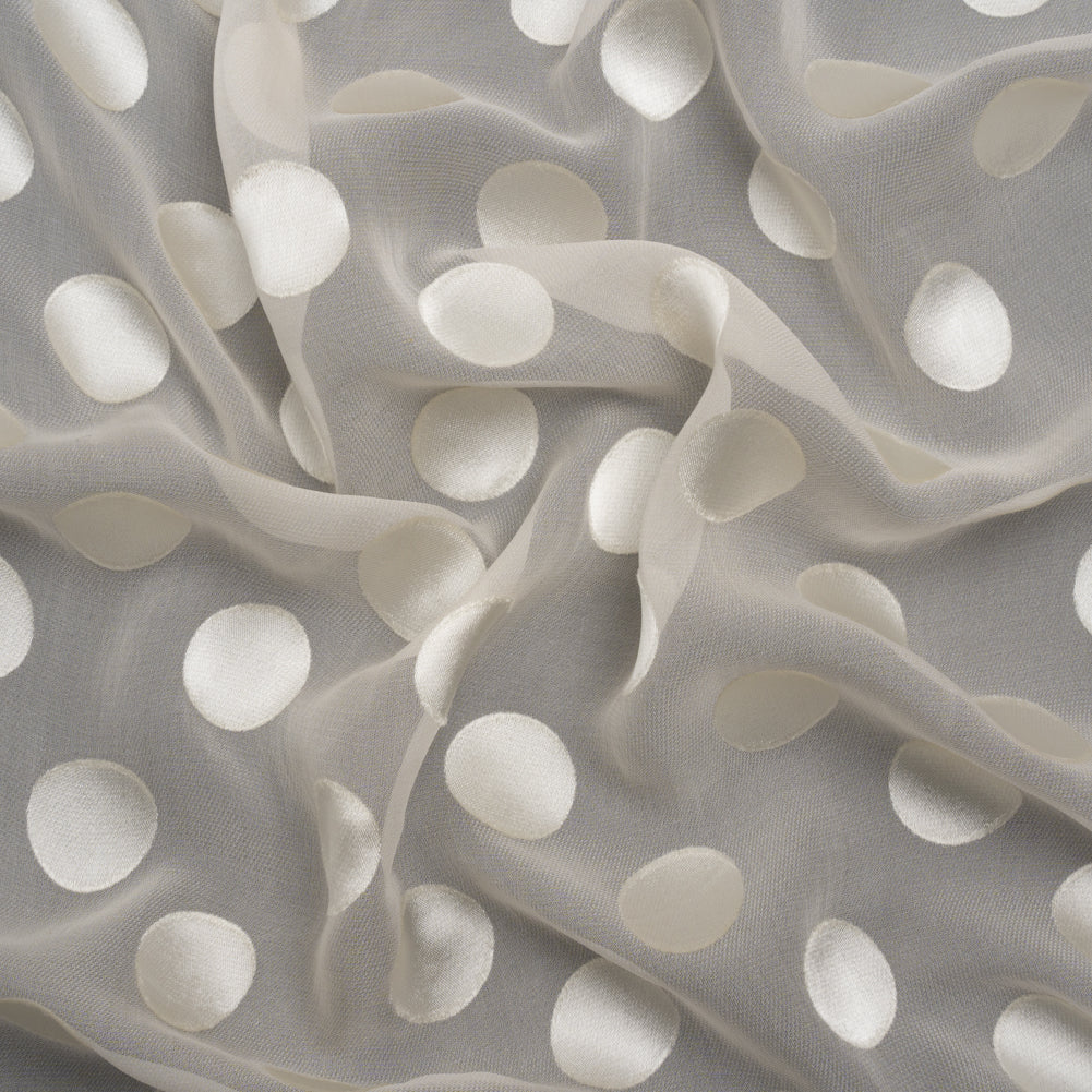 Famous Australian Designer Cream Burnout Satin Polka Dots Silk and Viscose Georgette Famous Australian Designer Cream Burnout Satin Polka Dots Silk and Viscose Georgette