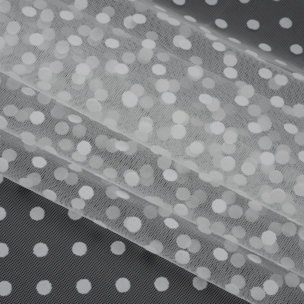 Famous Australian Designer White Big Flocked Polka Dots Polyester Tulle Folded Famous Australian Designer White Big Flocked Polka Dots Polyester Tulle Folded