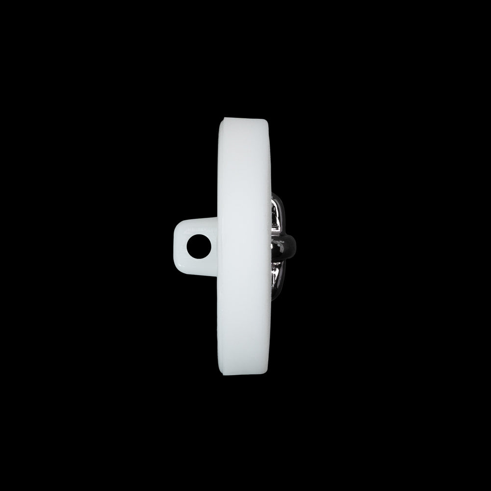 Plastic Shank Back Button - 36L/23mm - White and Metallic Gunmetal Faux Stitched 4-Hole - Folded Plastic Shank Back Button - 36L/23mm - White and Metallic Gunmetal Faux Stitched 4-Hole - Folded
