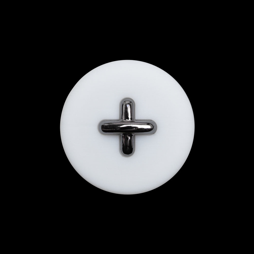 Plastic Shank Back Button - 36L/23mm - White and Metallic Gunmetal Faux Stitched 4-Hole Plastic Shank Back Button - 36L/23mm - White and Metallic Gunmetal Faux Stitched 4-Hole