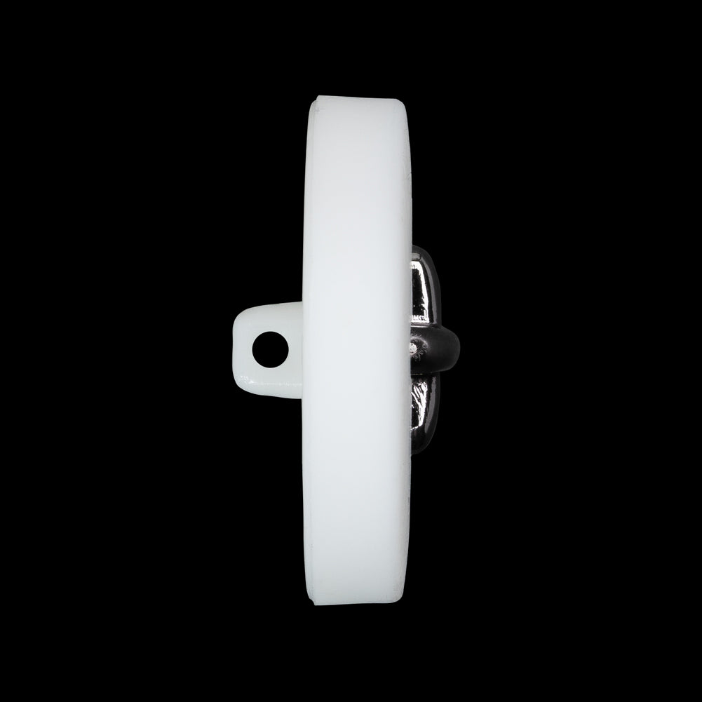 Plastic Shank Back Button - 44L/28mm - White and Metallic Gunmetal Faux Stitched 4-Hole - Folded Plastic Shank Back Button - 44L/28mm - White and Metallic Gunmetal Faux Stitched 4-Hole - Folded