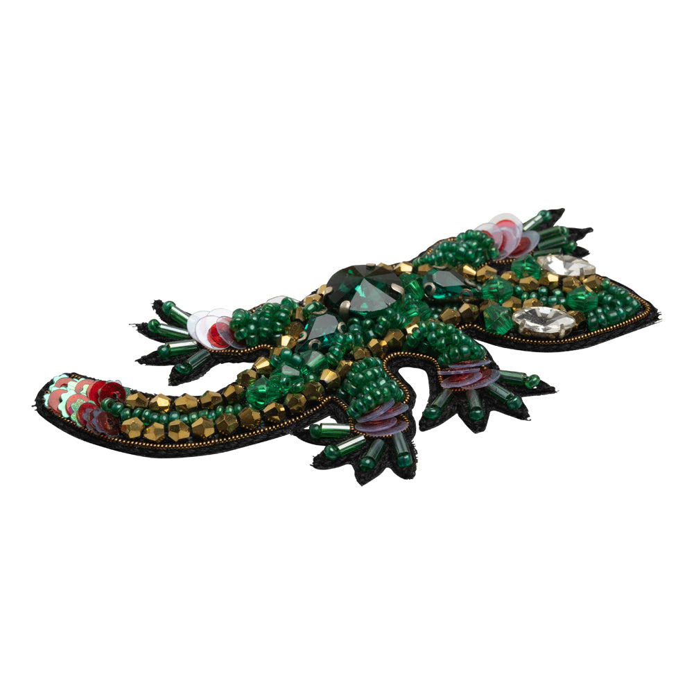 Rhinestones, Sequins and Glass Beaded Applique, 3.5" x 2.75" - Green and Gold Lizard - Alice Collection - Folded Rhinestones, Sequins and Glass Beaded Applique, 3.5" x 2.75" - Green and Gold Lizard - Alice Collection - Folded