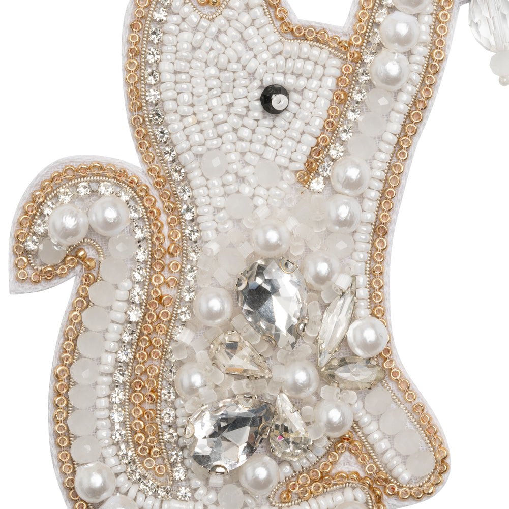 Rhinestones and Glass Beaded Applique, 3.875" x 3" - White, Crystal and Gold Playing Cat - Alice Collection - Detail Rhinestones and Glass Beaded Applique, 3.875" x 3" - White, Crystal and Gold Playing Cat - Alice Collection - Detail