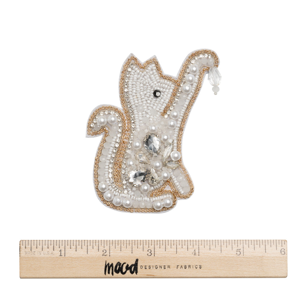 Rhinestones and Glass Beaded Applique, 3.875" x 3" - White, Crystal and Gold Playing Cat - Alice Collection - Full Rhinestones and Glass Beaded Applique, 3.875" x 3" - White, Crystal and Gold Playing Cat - Alice Collection - Full