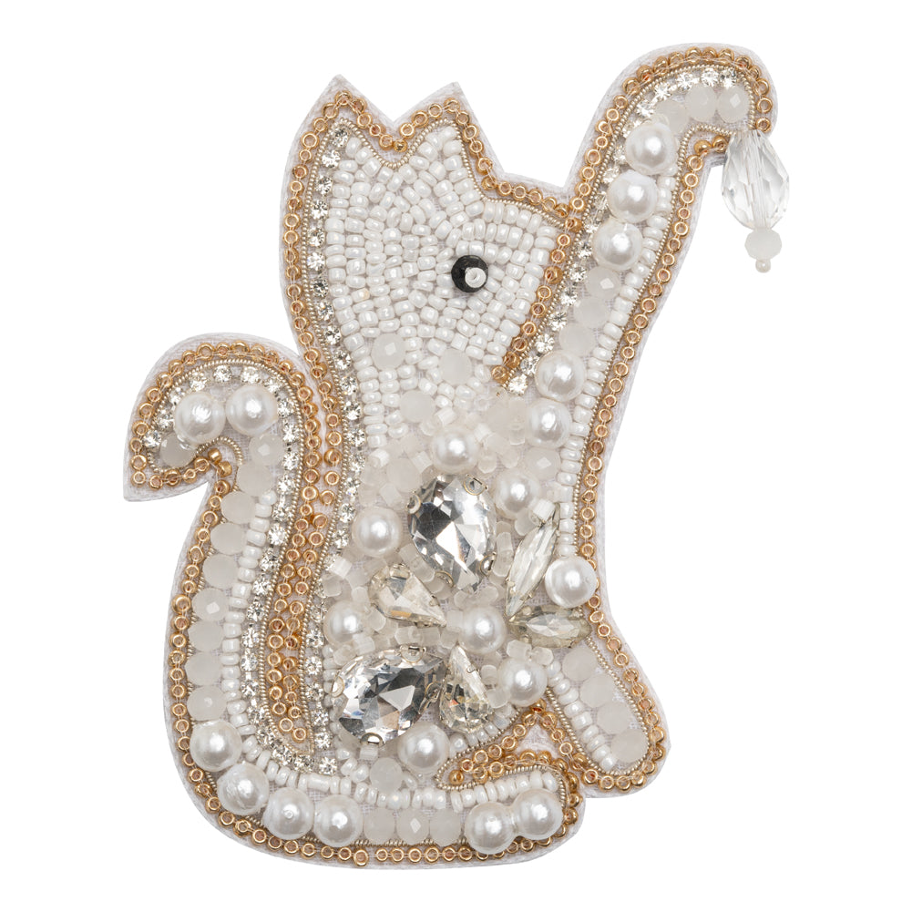 Rhinestones and Glass Beaded Applique, 3.875" x 3" - White, Crystal and Gold Playing Cat - Alice Collection Rhinestones and Glass Beaded Applique, 3.875" x 3" - White, Crystal and Gold Playing Cat - Alice Collection