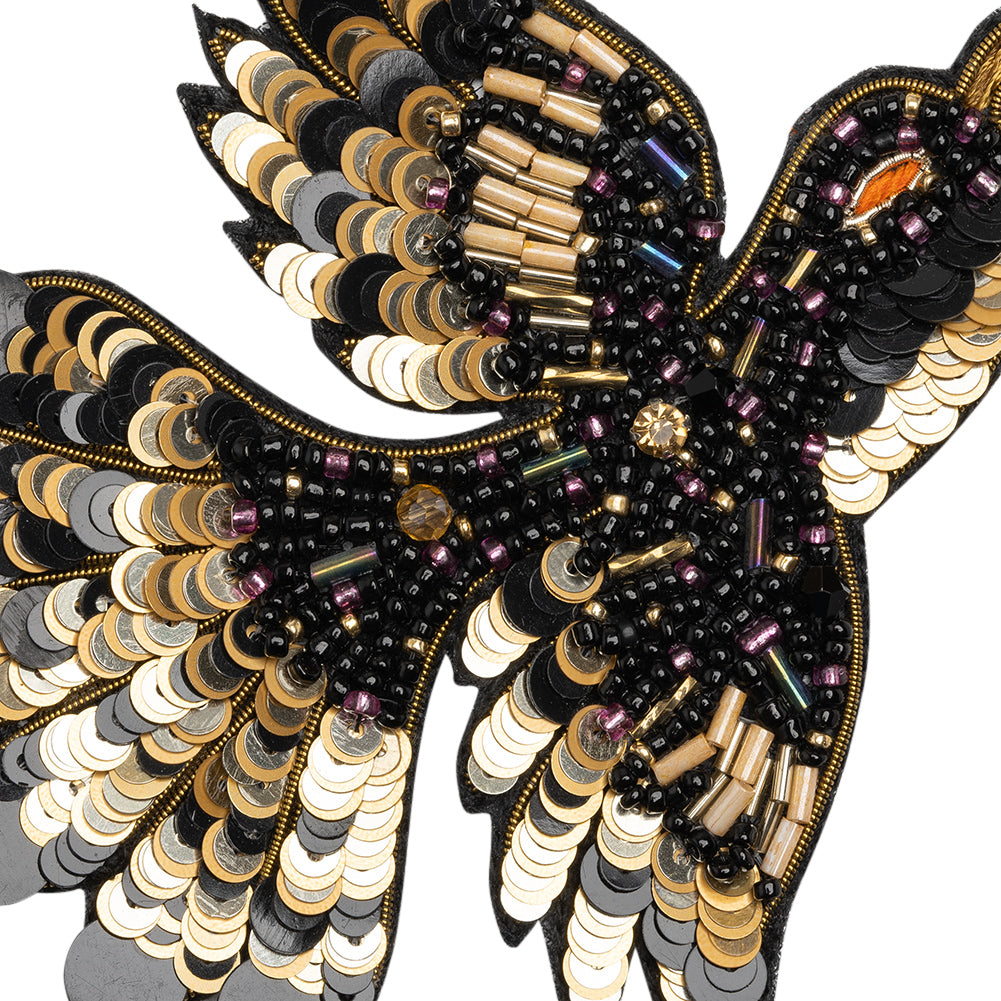 Sequins and Glass Beaded Applique, 4" x 3.25" - Black, Gold and Oilslick Flying Bird - Alice Collection - Detail Sequins and Glass Beaded Applique, 4" x 3.25" - Black, Gold and Oilslick Flying Bird - Alice Collection - Detail