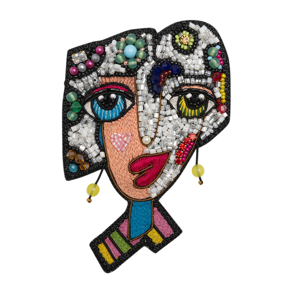 Embroidered, Rhinestones and Glass Beaded Applique, 4.375" x 3" - White and Rainbow Cubist Face - Alice Collection Embroidered, Rhinestones and Glass Beaded Applique, 4.375" x 3" - White and Rainbow Cubist Face - Alice Collection