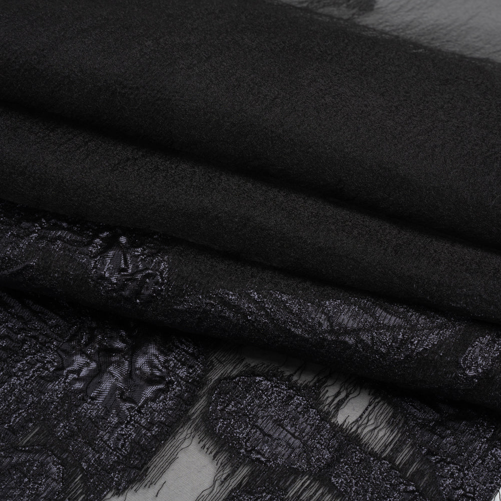 Metallic Gunmetal and Black Floral Silhouettes Border Luxury Burnout Brocade - Folded Metallic Gunmetal and Black Floral Silhouettes Border Luxury Burnout Brocade - Folded
