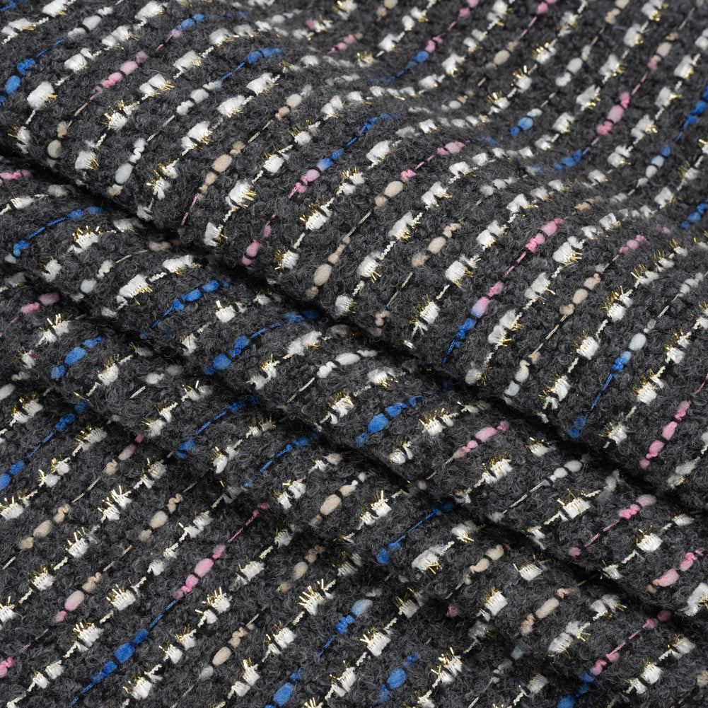 Charcoal, Pink and Blue Boucle Striped Acrylic Tweed Folded Charcoal, Pink and Blue Boucle Striped Acrylic Tweed Folded