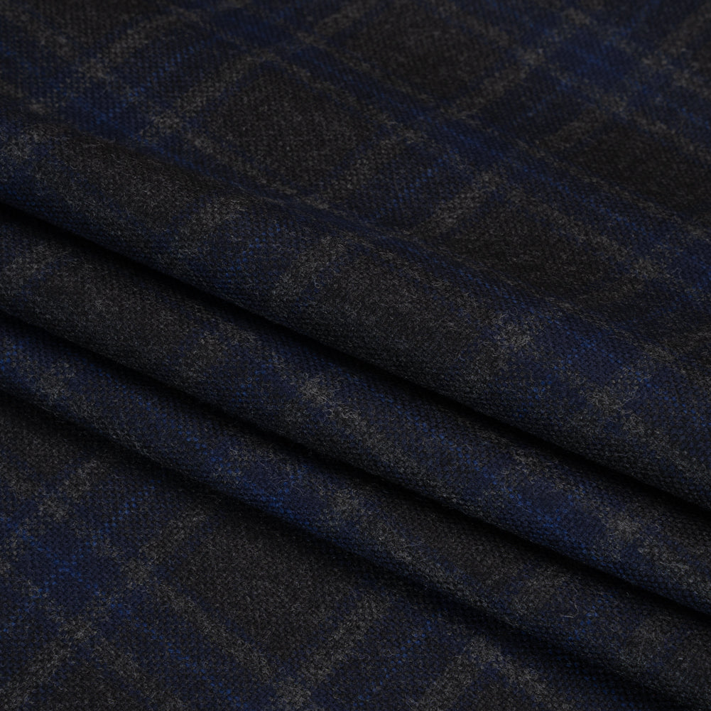 Wool Blend Woven - Charcoal and Blue Plaid - Deadstock Folded Wool Blend Woven - Charcoal and Blue Plaid - Deadstock Folded