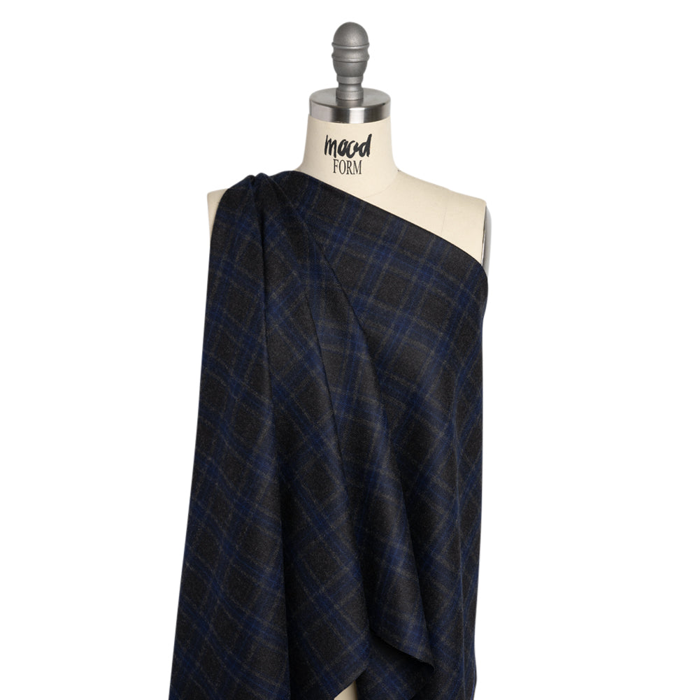 Wool Blend Woven - Charcoal and Blue Plaid - Deadstock Drape Wool Blend Woven - Charcoal and Blue Plaid - Deadstock Drape
