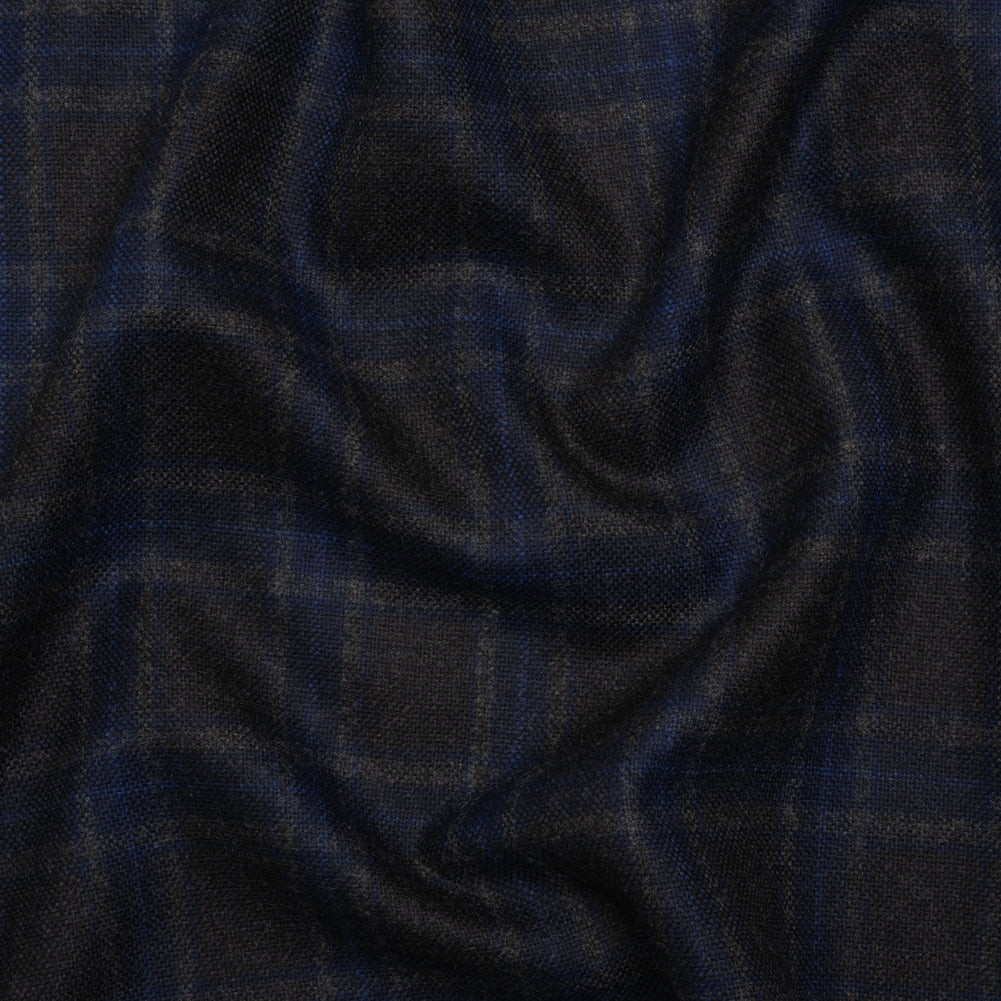 Wool Blend Woven - Charcoal and Blue Plaid - Deadstock Wool Blend Woven - Charcoal and Blue Plaid - Deadstock