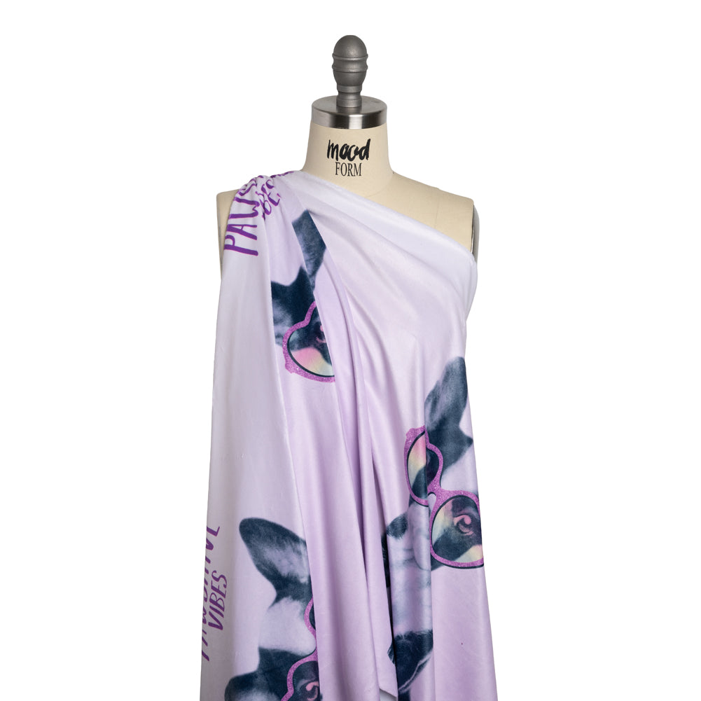 Recycled Polyester Minky Panel - Lavender and White Pawsitive Vibes Dogs on Ombre - Deadstock - Drape Recycled Polyester Minky Panel - Lavender and White Pawsitive Vibes Dogs on Ombre - Deadstock - Drape