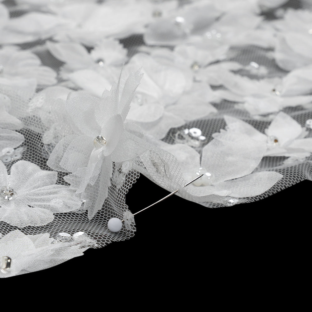 Beaded and Sequined Lace with 3D Fabric Flowers - White Floral with Clear Beads - Detail Beaded and Sequined Lace with 3D Fabric Flowers - White Floral with Clear Beads - Detail